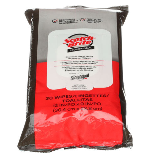Scotch-Brite 7100233381 Stainless Steel Hood Degreaser Wipes, 1-Ply, 9 x 12, Unscented, White, 30 Wipes/Pack, 6 Packs/Carton