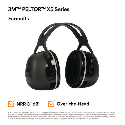 3M 7000104074 PELTOR X Series Earmuffs, Model X5A, 31 dB NRR, Black