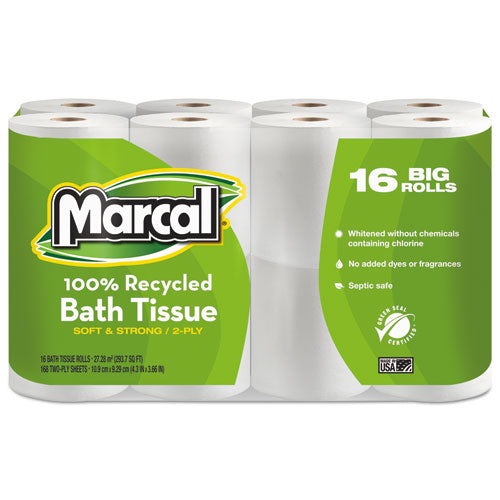 Marcal 16466 100% Recycled 2-Ply Bath Tissue, Septic Safe, White, 168 Sheets/Roll, 96 Rolls/Carton