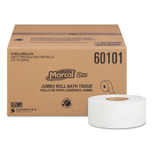 Marcal PRO 60101 100% Recycled Bathroom Tissue, Septic Safe, 2-Ply, White, 3.3" x 1,000 ft, 12 Rolls/Carton