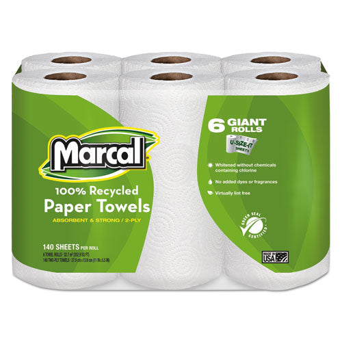 Marcal 6181 100% Premium Recycled Kitchen Roll Towels, 2-Ply, 11 x 5.5, White, 140/Roll, 6 Rolls/Pack
