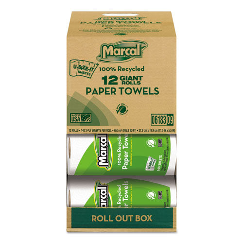 Marcal 6183 100% Premium Recycled Kitchen Roll Towels, Roll Out Box, 2-Ply, 11 x 5.5, White, 140 Sheets, 12 Rolls/Carton