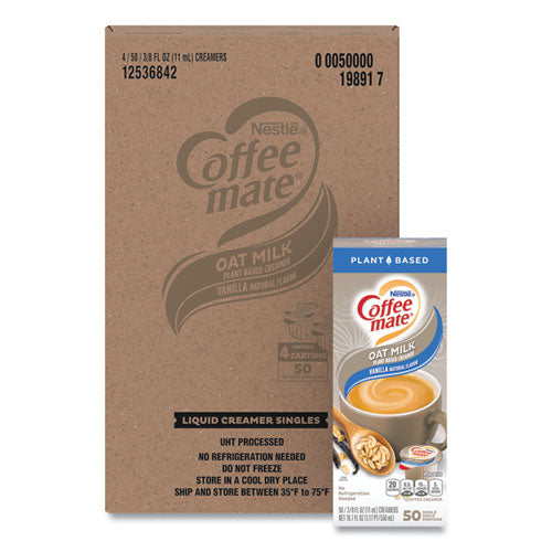 Coffee Mate 12536842 Plant-Based Oat Milk Liquid Creamers, Natural Vanilla, 0.38 oz Mini Cups, 50/Box, 4 Boxes/Carton