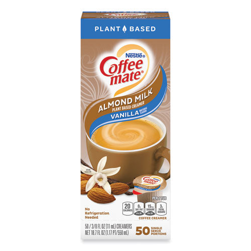 Coffee Mate 12461537 Plant-Based Almond Milk Non-Dairy Liquid Creamer Singles, Natural Vanilla, 0.38 oz Tubs, 50/Box
