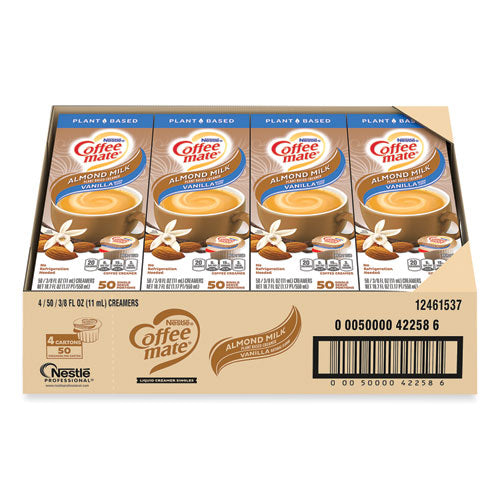 Coffee Mate 12461537 Plant-Based Almond Milk Non-Dairy Liquid Creamer Singles, Natural Vanilla, 0.38 oz Tubs, 200/Carton