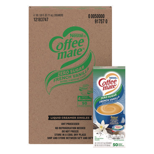 Coffee Mate 12183747 Liquid Coffee Creamer, Sugar Free French Vanilla, 0.38 oz Mini Cups, 50/Box, 4 Boxes/Carton, 200 Total/Carton