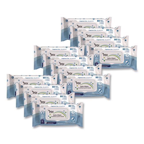 Sani Professional M41580 Baby Wipes, 1-Ply, 6.7 x 8, Fragrance-Free, White, 80/Pack, 12 Packs/Carton