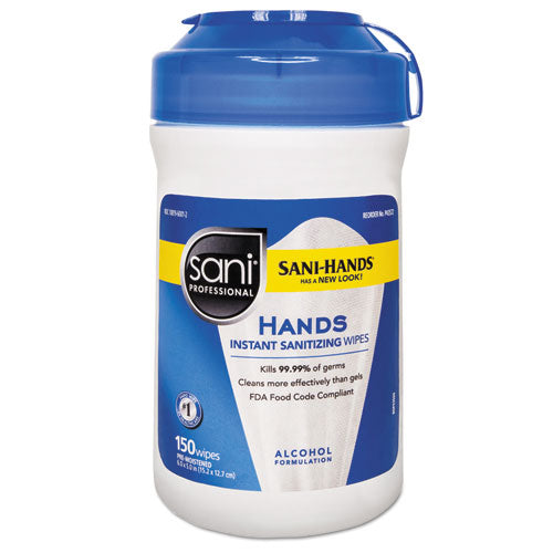 Sani Professional P43572 Hands Instant Sanitizing Wipes, 5 x 6, Unscented, White, 150/Canister